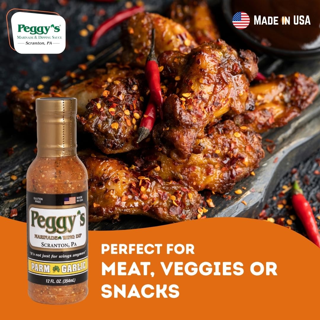 Peggy's Variety Pack – 2 Garlic Parmesan & 1 Sriracha Parmesan Sauce (12oz Each) | Scranton, PA Local Brand | Made in USA | Perfect for Marinades, Grilling, Dips & Cooking