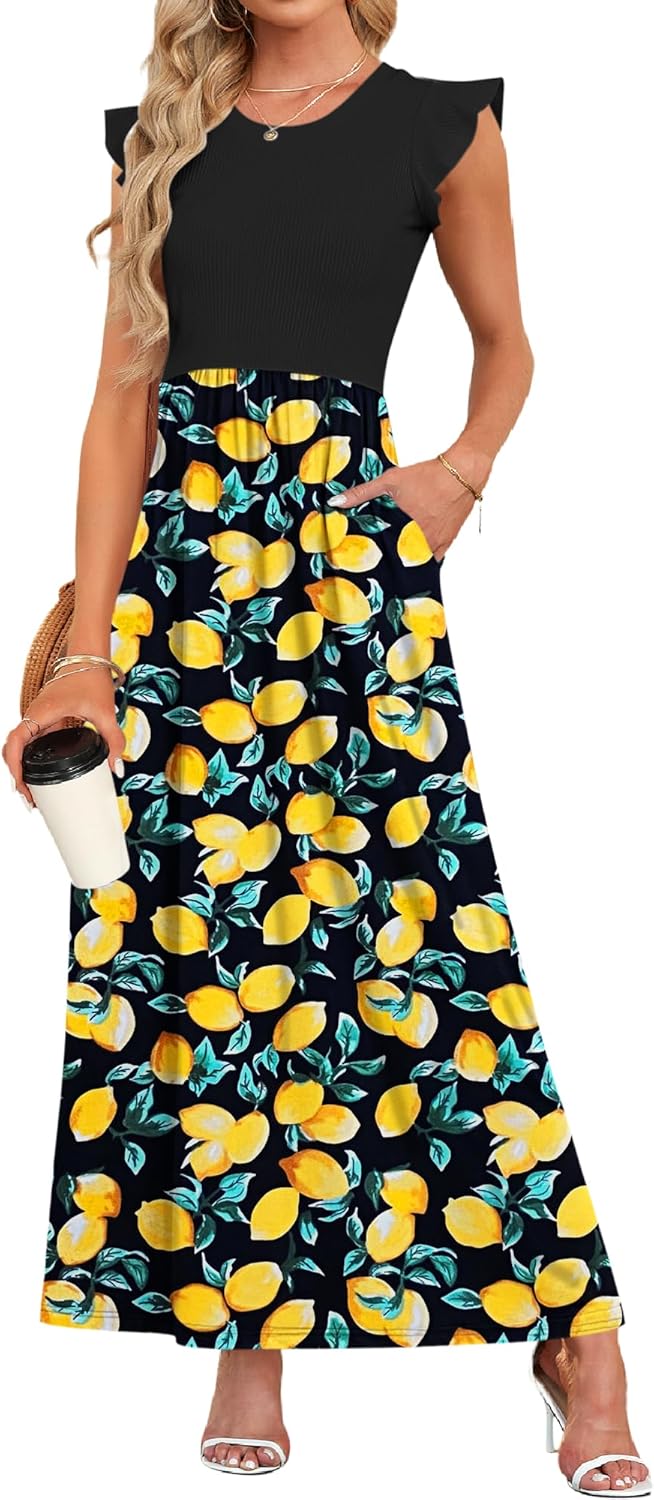 MISFAY Women's Ruffle Sleeve Maxi Dresses Casual Crewneck Long Dress with Pockets