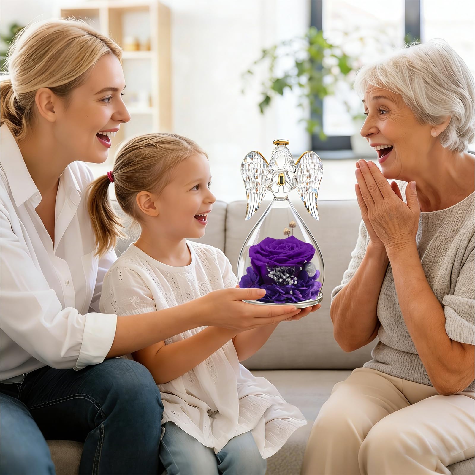 Yamonic Ange Gardien Avec Rose Éternelle - Figurine Verre & Vraie Fleur Préservée Cadeau Maman Femme