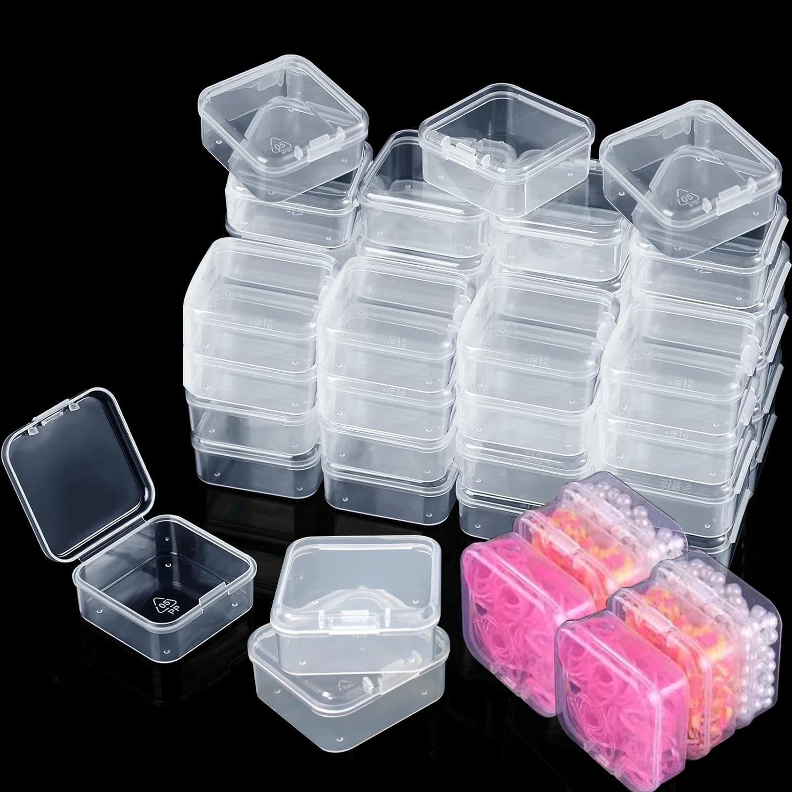 54 Pcs Clear Small Plastic Containers with Hinged Lid 1.8 x 1.8 x 0.8 Inches Transparent Storage Boxes for Organizing Jewelry, Beads, Crafts, and Small Items
