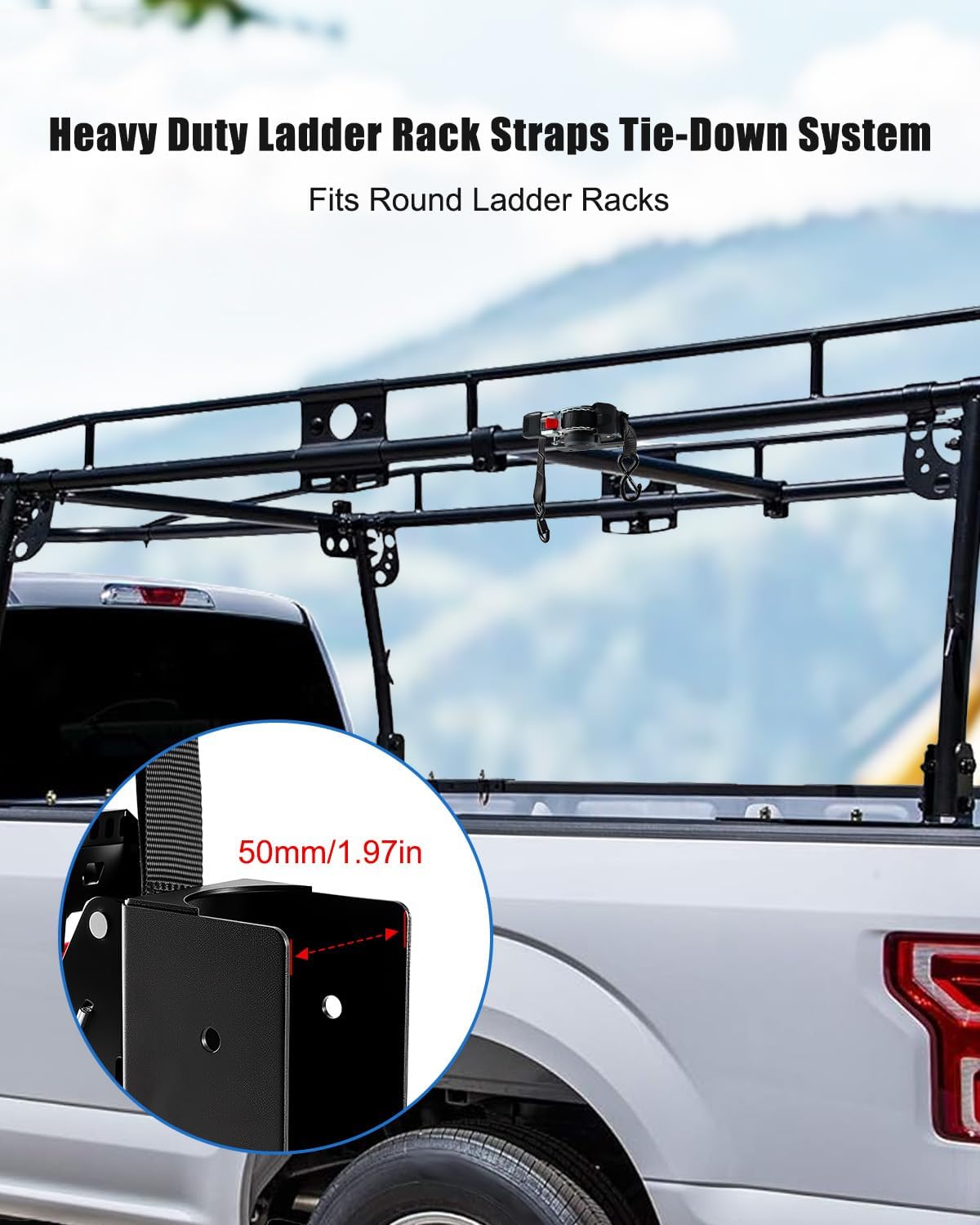 Ladder Rack Straps Tie-Down System with Double J Hooks, Heavy-Duty Retractable Ratchet Straps for Truck, Trailer, SUV, Boat, and PVC/Wood/Ladder Cargo, Fits Round Ladder Racks with 9.8 Feet Straps - Image 2