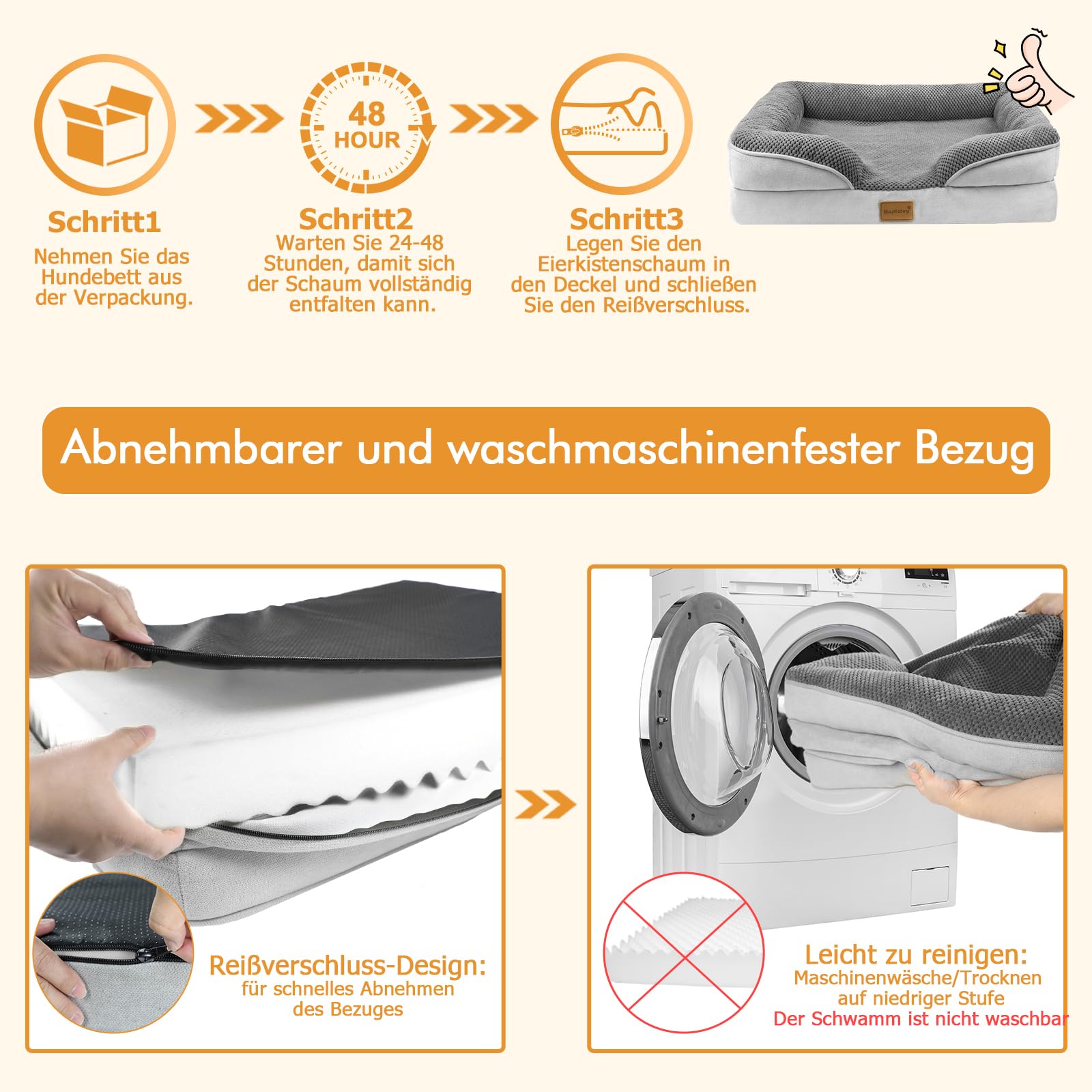 Nepfaivy Hundebett Grosse Hunde Orthopädisch - 111x80x17cm Hundekorb Hundesofa Waschbar mit Eiförmigem Schaumstoff, Hundecouch mit Hohem Rand und Rutschfestem Boden für Große Hunde
