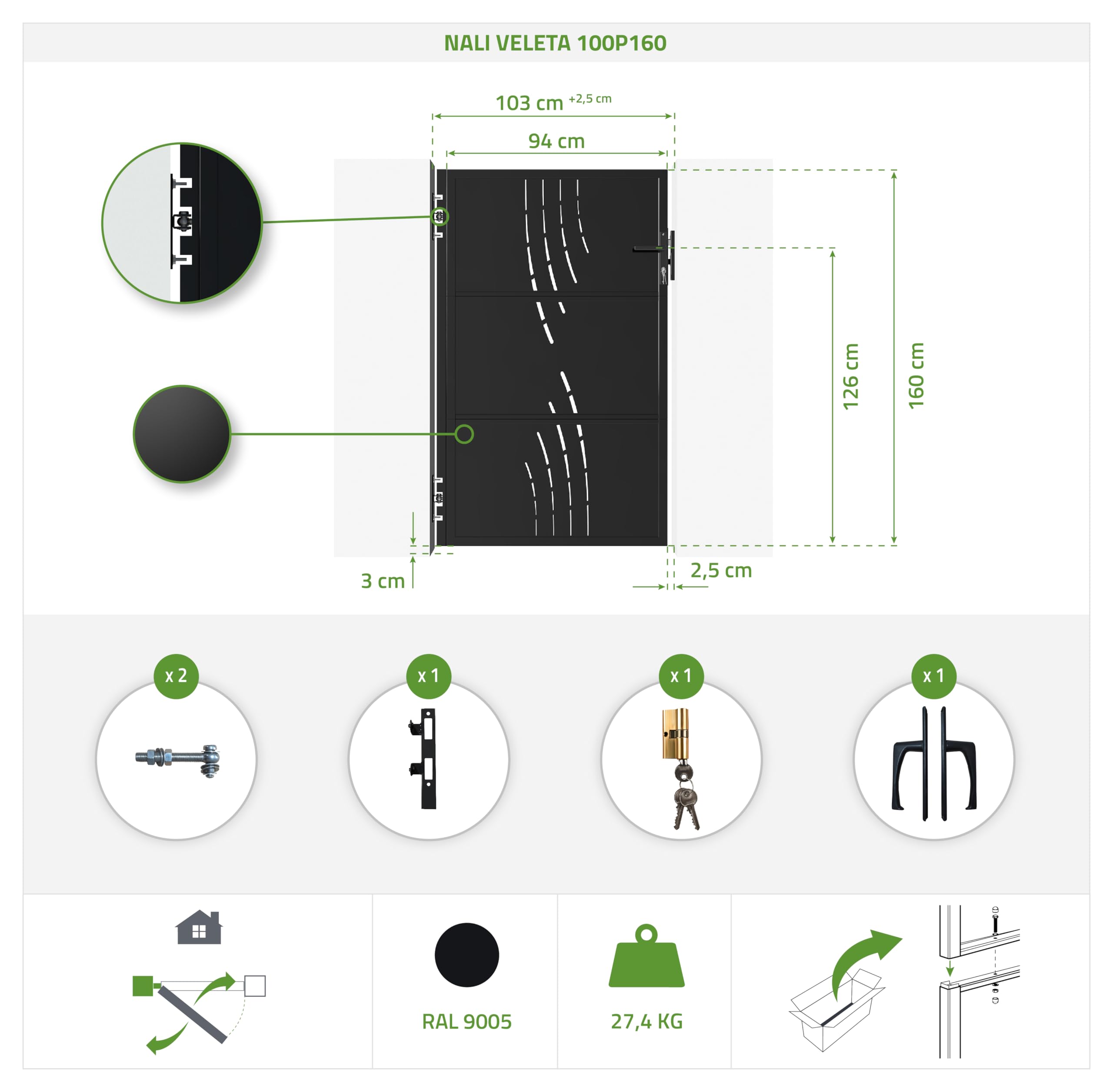 Casanoov Portillon acier 1m NALI VELETA H.160cm Noir mat
