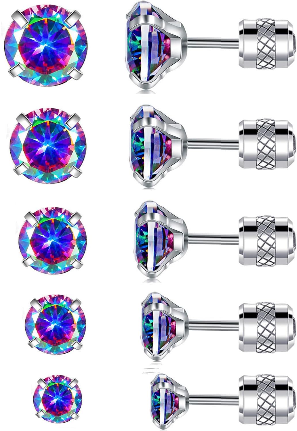 VOLUKA Titanium Flat Back Earrings - Pack of Surgical Stainless Steel Round Square Princess Cut CZ Screw Back Stud For Women Men Hypoallergenic Cubic Zirconia Earrings