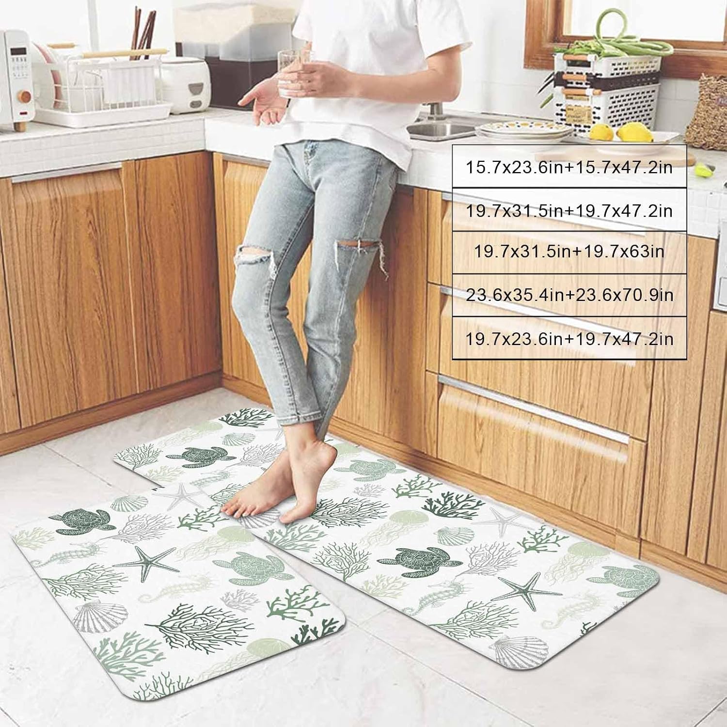 Prime Leader Summer Ocean Kitchen Mat Set 2 Pieces Creature Sea Turtle Coral and Shell Green Non Slip Kitchen Rugs Washable Runner Rug Mats for Sink Laundry (23.6" x 35.4"+23.6" x 70.9")