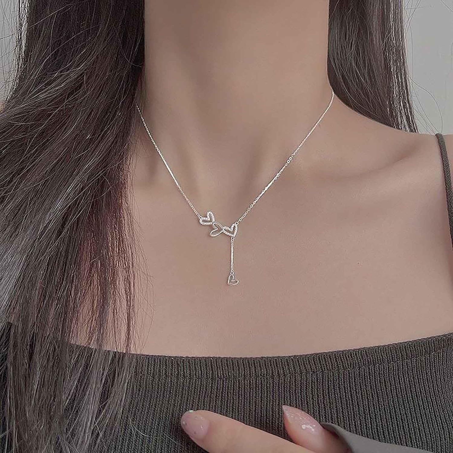 Bohemian Crystal Heart Y Lariat Necklace Silver Hollow Heart Choker Necklace Cz Heart Y Shape Necklace Minimalist Heart Chain Necklace Jewelry for Women - Image 5