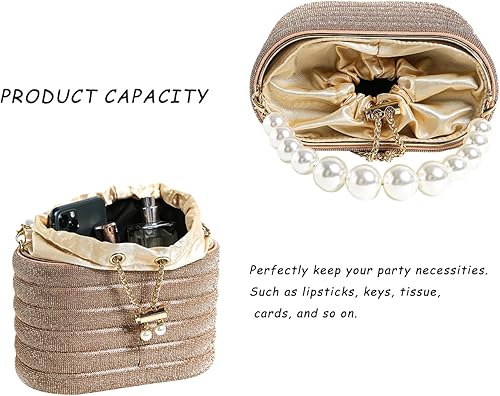 Miniatura 4 de Bolso de mano para mujer, bolso de noche de cristal con asa superior de perlas, bolsa de cubo de metal con cadena desmontable