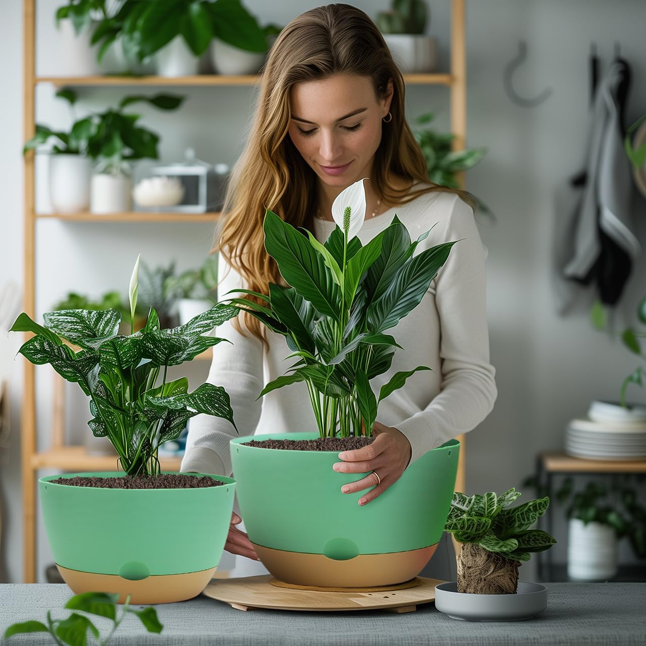 Koalaime 8/10/12 Inch Pots for Indoor Plants, Large Self Watering Planters with Drainage and Saucers, Plastic Outdoor Flower Pot, Set of 3, Green