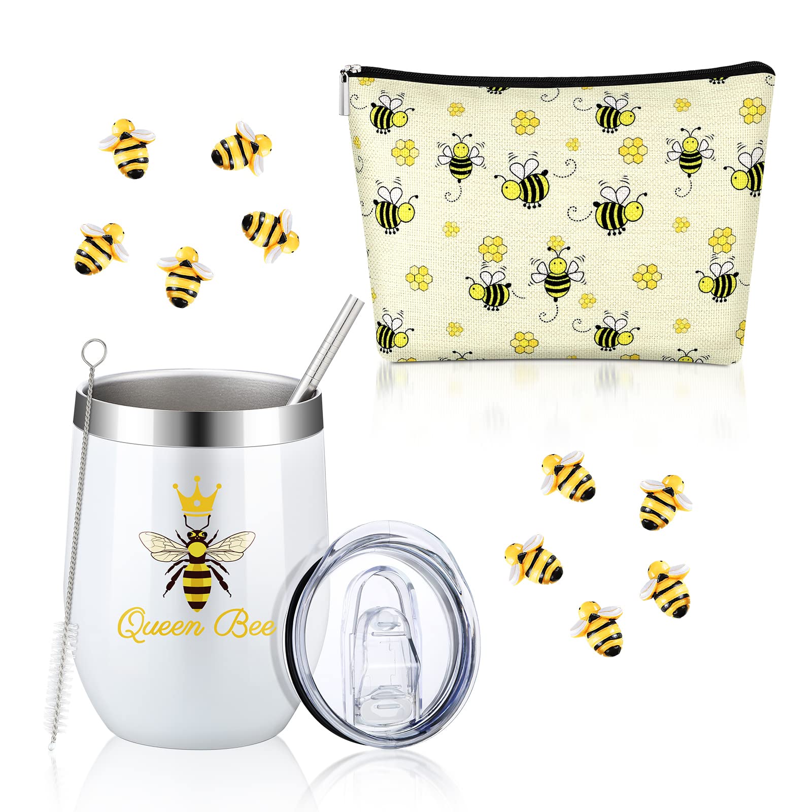 Bee Themed Gifts Including Queen Bee Stainless Steel Wine Tumbler with Straw and Brush 10 Pcs Tiny Resin Bees Garden Embellishment Honey Bee Cosmetic Bag for Bee Lovers, Beekeepers (Classic, 12oz)