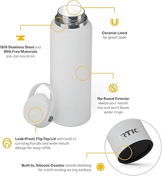 RTIC 40oz Outback Water Bottle, Ceramic Lined, Insulated, Stainless Steel, Double Wall Vacuum-Insulation, Leak-Proof Lid, BPA-Free Water Flask Hiking, Running, Sports, Outdoor, White