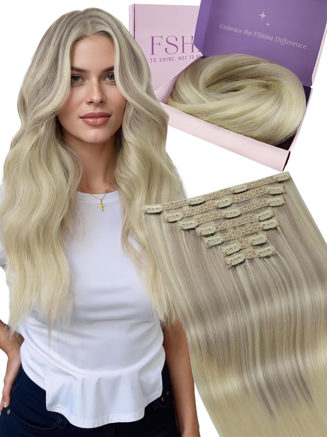 Fshine Clip Extensiones Humano 22 Pulgadas 55CM 120g Extensiones de Pelo Rubio Blanco Remy Hair Clip in Extensiones 7 Piezas Color 60 Extensiones de Cabello Natural Color 60 — view 29