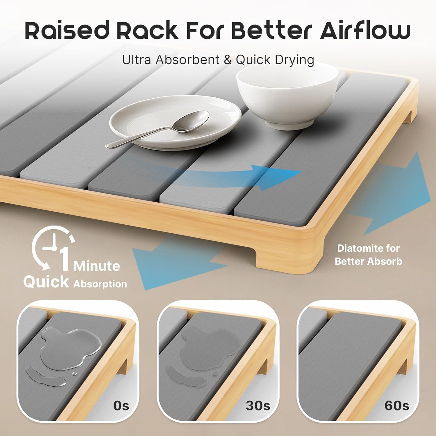 ArtyCozy Extra Large Rollable Stone Drying Mat with Foldable Bamboo Dish Drying Rack for Kitchen Counter, Super Absorbent Diatomaceous Earth and Quick Drying Rack, 27"×17", Dark and Light Grey