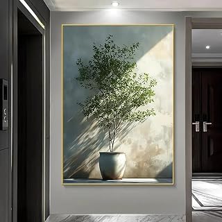 CHAOJIART Impresión artística en lienzo de planta verde abstracta moderna en maceta, hojas verdes soleadas, decoración de pared para sala de estar, 60 x 90 cm, marco interior.