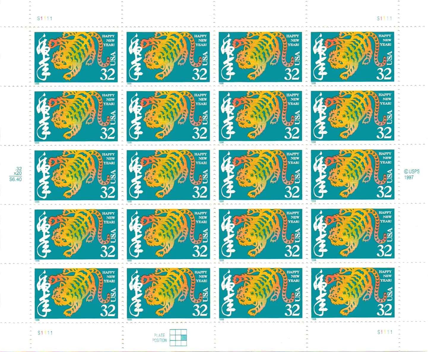 USPS Lunar New Year Tiger Stamps - Sheet of 20 32-Cent Postage Stamps