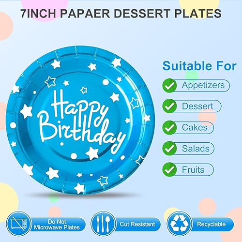 Miniatura 2 de Platos de papel de fiesta de feliz cumpleaños, platos de postre azules, 7 pulgadas, 50 unidades, decoración de fiesta de cumpleaños de lunares