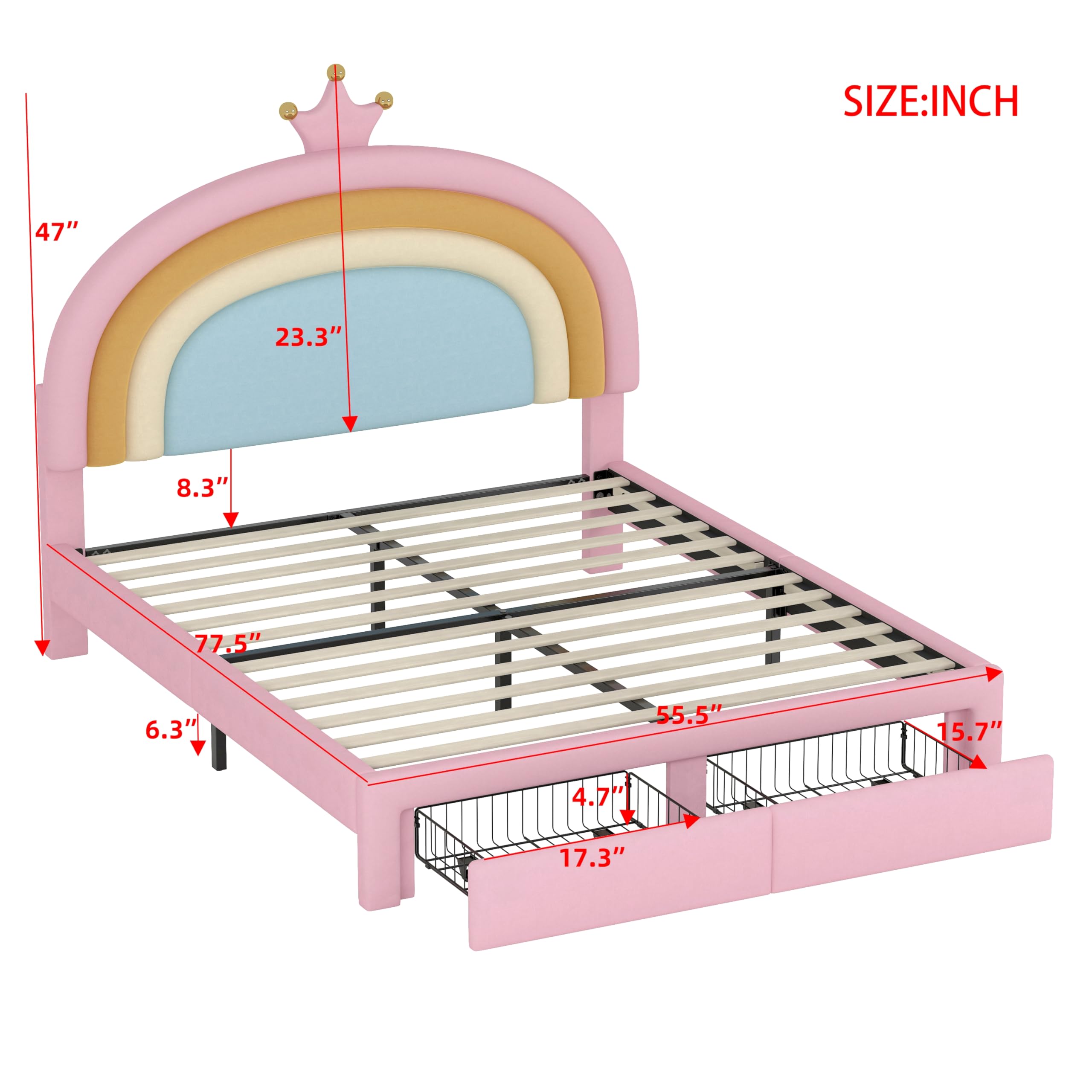 ROISDIYI Full Size Upholstered Rainbow Design Bed for Kids, Velvet Princess Platform Bed with Storage Drawer, No Box-Spring Needed,Colorful&Pink (Full)