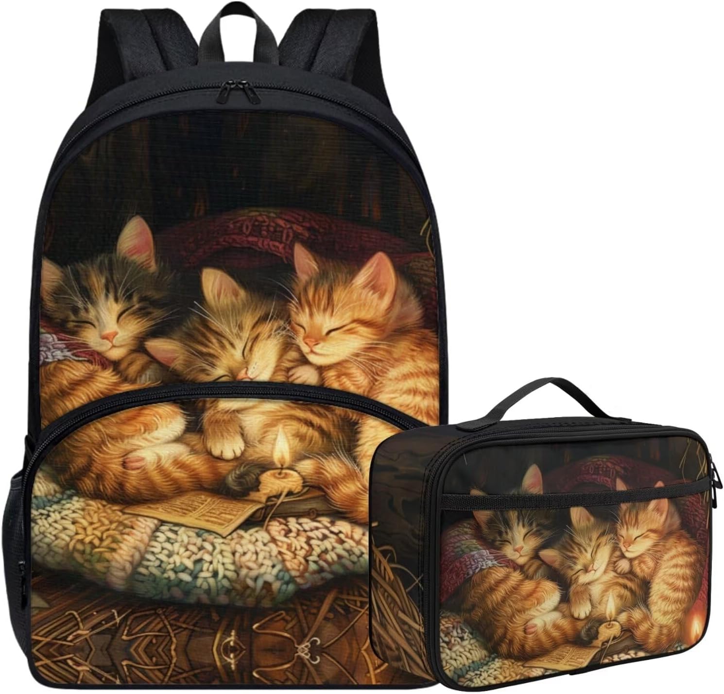 Animal Print Backpack Set for Girls Nostalgic Cat Kitten Backpack with Lunch Box Elementary Student Outing Daily Lightweight 17 Inch Bookbag Black Cute School Bag