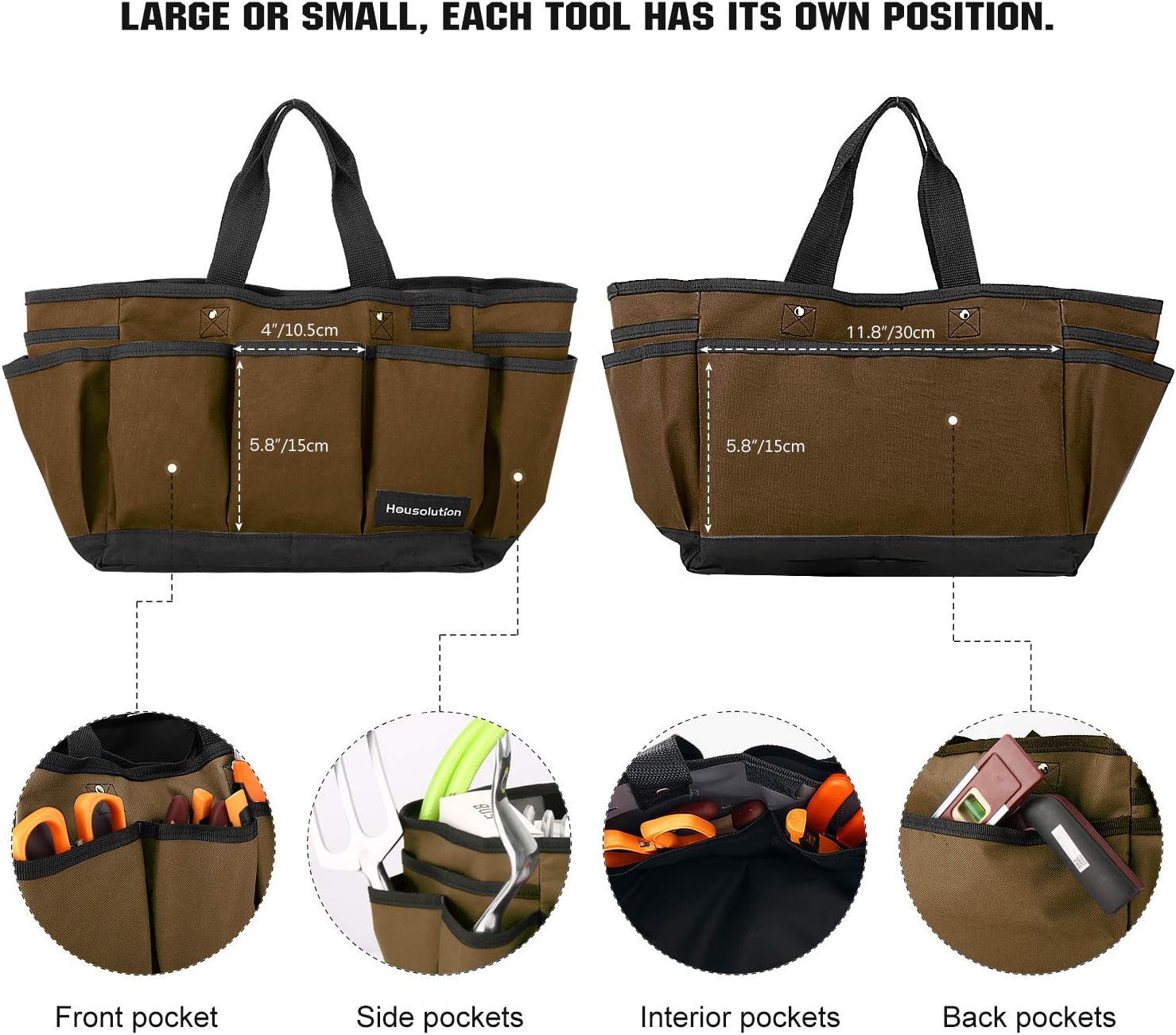 Housolution Gardening Tote Bag, Deluxe Garden Tool Storage Bag and Home Organizer with Pockets, Wear-Resistant & Reusable, 12 Inch, Coffee
