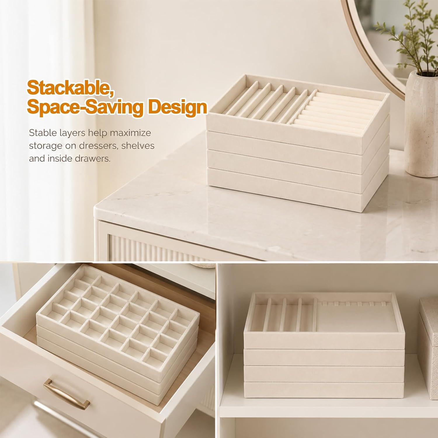 4 Pack Velvet Jewelry Drawer Organizer Trays, Beige image 4