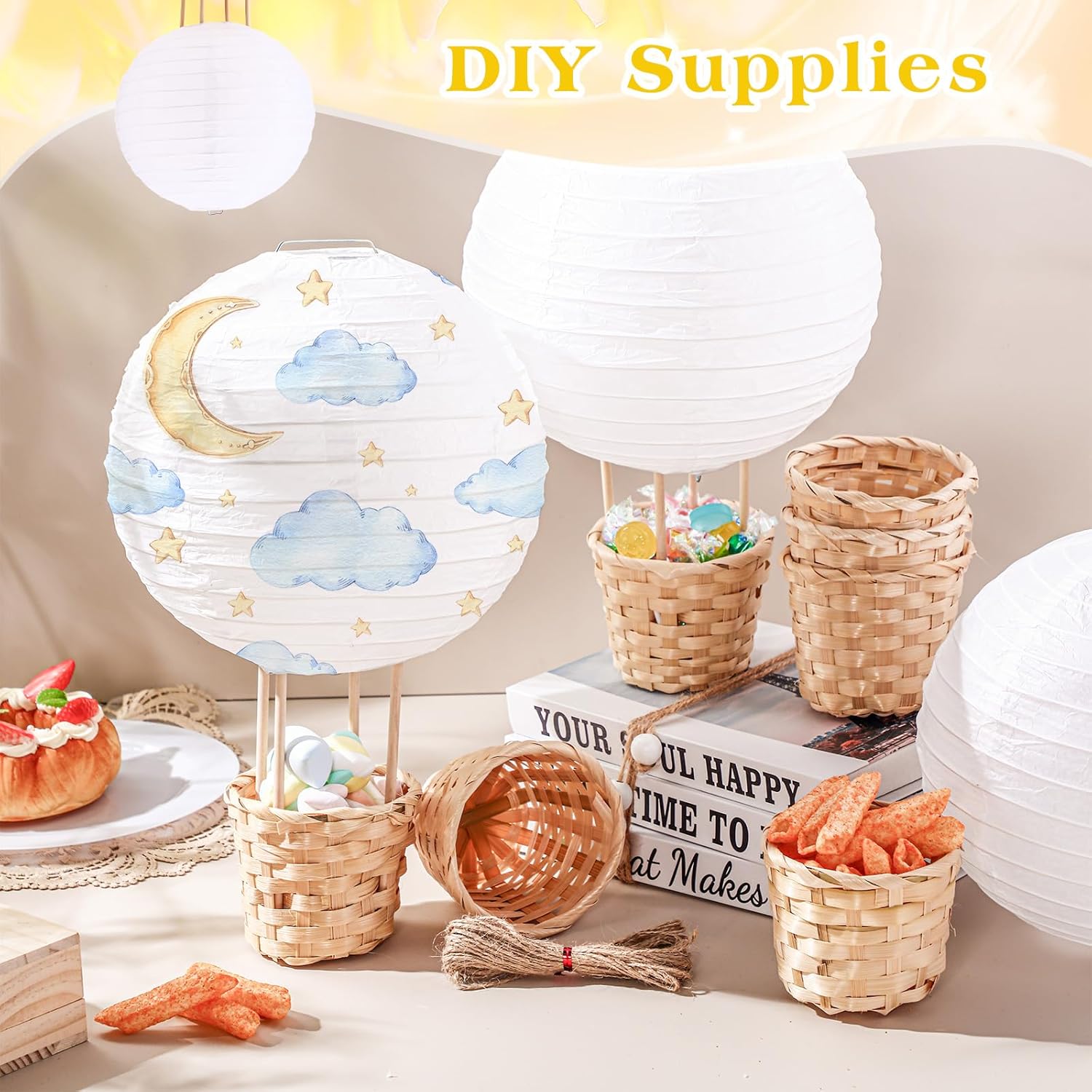 36 Set Hot Air Balloon Table Centerpieces Decoration, Include 36 White Paper Lanterns 36 Mini Woven Baskets and 144 Wooden Sticks DIY Craft for Gift Wedding Birthday Baby Shower Christmas Party