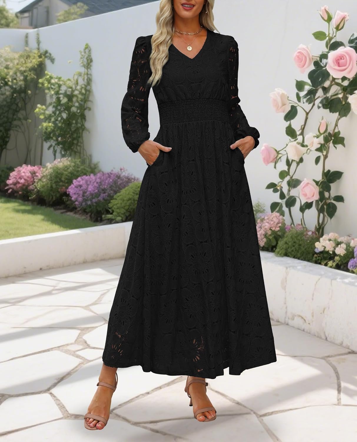Women's Fall Long Puff Sleeve Floral Maxi Dress V Neck Lace Eyelet Hollow Out A Line Flowy Boho Wedding Guest Party Dresses - Image 3