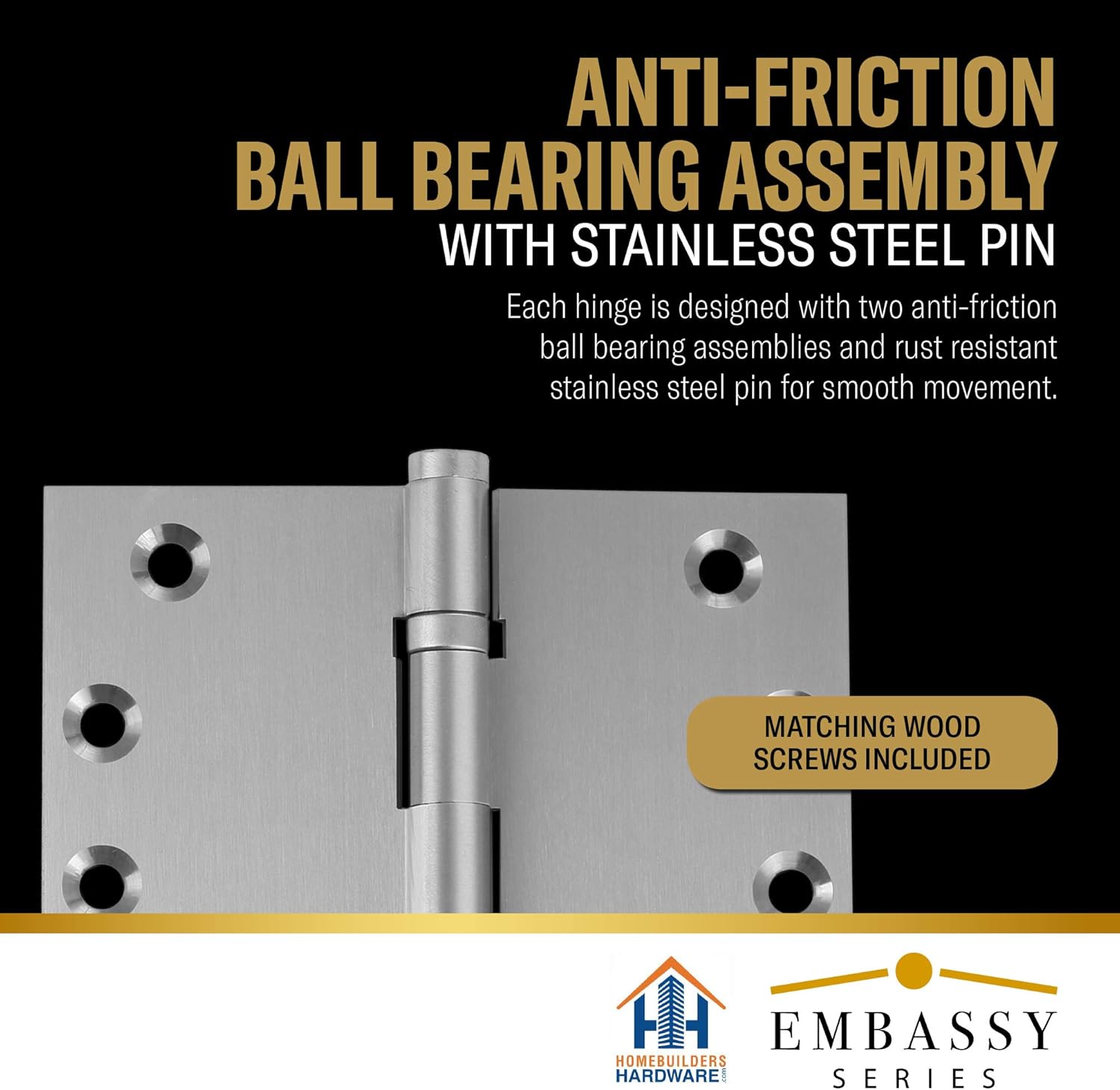 Embassy Door Hinge Solid Brass – 3.5 x 3.5 Inch, Heavy Duty, Polished Chrome, Ball Bearings, Rust Resistant Stainless Steel Pin, Architectural Designer Grade, Home Improvement, 3 Pack