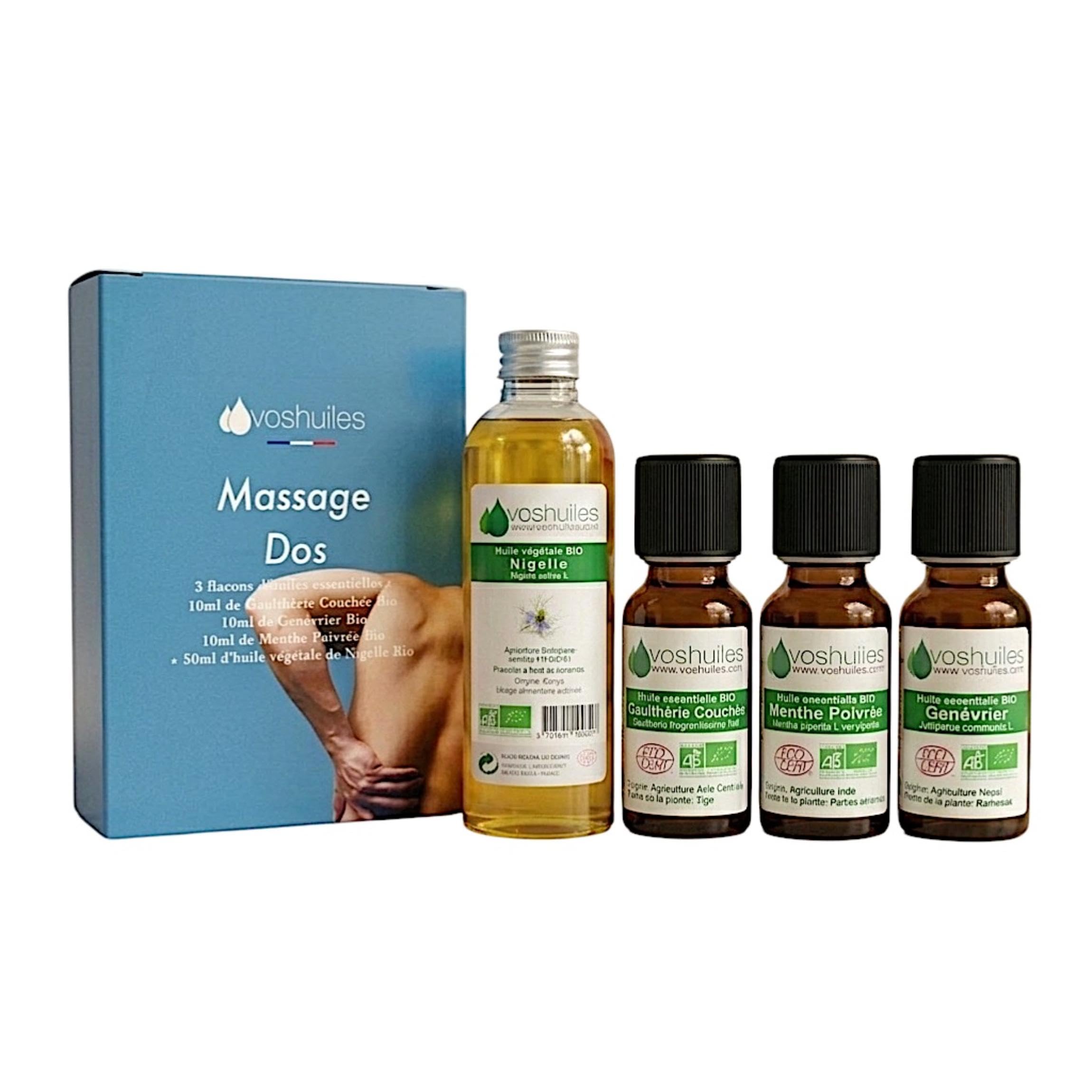 VOSHUILES - Kit d'Huiles Essentielles pour Massage - Gaulthérie Couchée- Menthe Poivrée- Genévrier- Nigelle - 100% Pure et Naturelle - 3x10ml- 1x50ml - HEBBD et ECOCERT