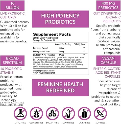 Miniatura 2 de Biom Complete Feminine Balance Probióticos diarios para mujer + prebióticos con arándano orgánico y granada con Lactobacillus crispatus, sin gluten