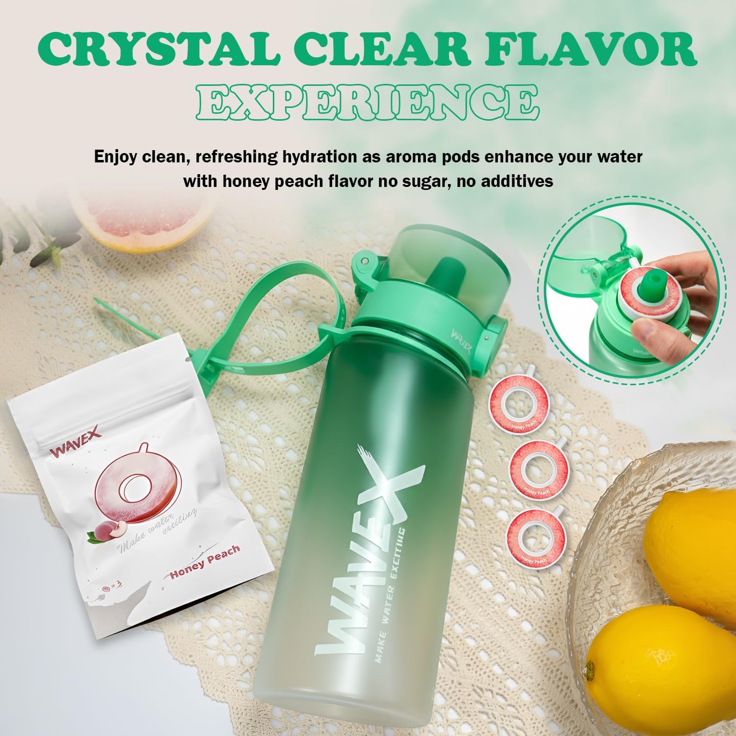WAVEX Flavored Water Bottle That Makes Plain Water Enjoyable, Aroma-Powered Hydration, Includes 3 Honey Peach Aroma Flavor Scent Pods, No Sugar or Additives, 0 Calorie, (550ml, Sea Glass Green)