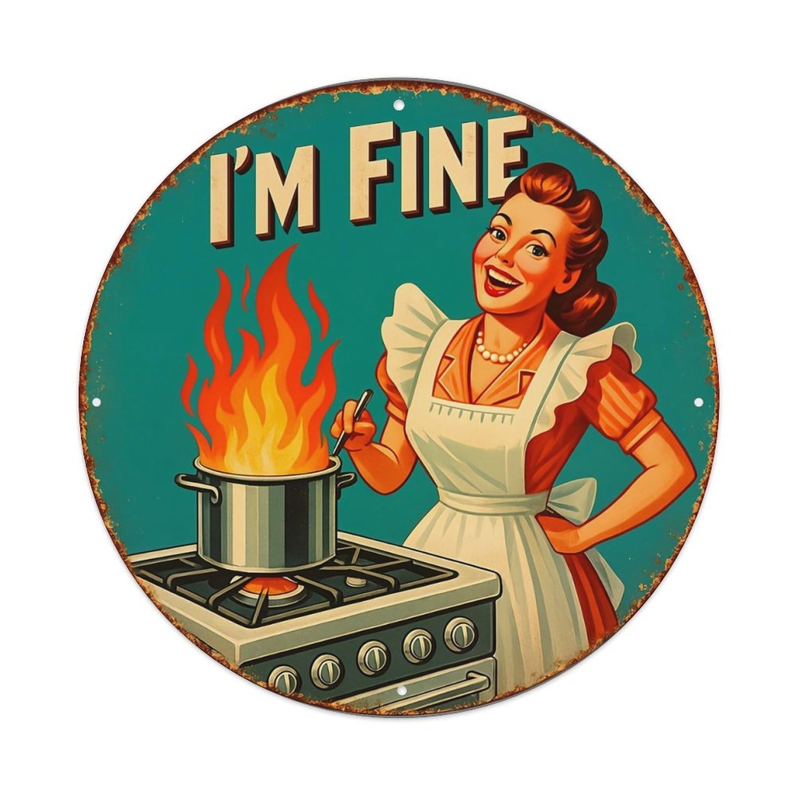 Retro Housewife Cooking Fire Sign Retro Metal Tin Sign, Vintage Metal Poster for home, Gaming Room, Studio Workshop,Bar,Garage Wall Art Decor 8x8 inch