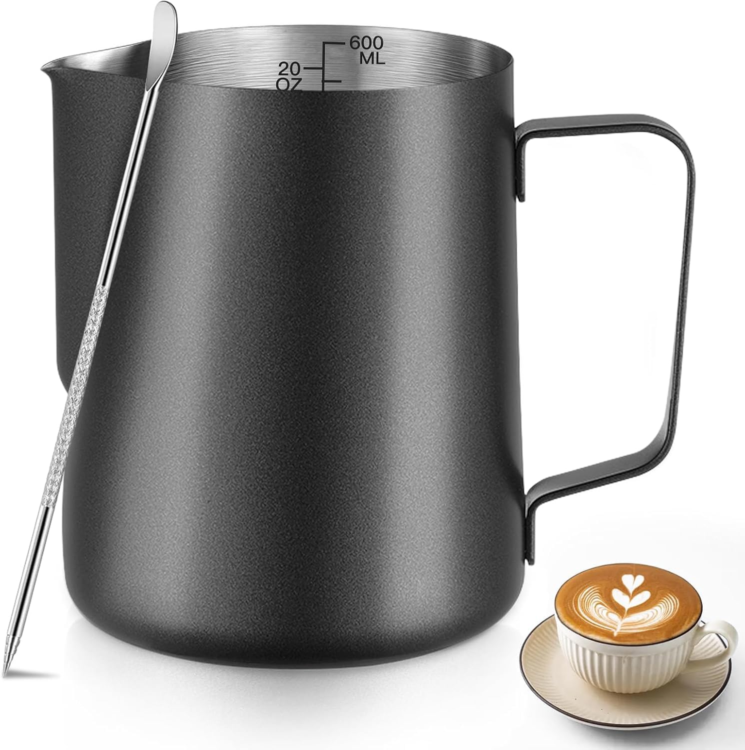 Milk Frothing Pitcher 20oz / 600ml – Stainless Steel Steaming Jug with Decorating Pen, Barista Milk Frother Cup for Latte Art, Cappuccino, Coffee (Black)