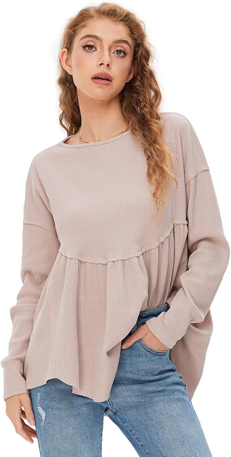 EXLURA Waffle Knit Long Sleeve Shirts for Womens Crewneck Loose Babydoll Tunic Tops Maternity Top Spring Fall Fashion Outfits - Image 6