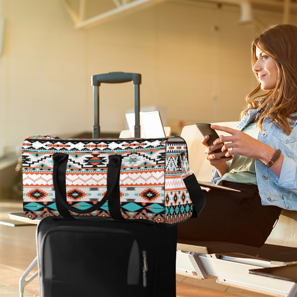 Travel Duffel Bag for Women Men Aztec Western Ethnic Geometry Sport Gym Tote Bag Lightweight Weekender Overnight Bag Workout Bag Waterproof Foldable Carry on Luggage Handbag for Traveling Yoge - Image 7