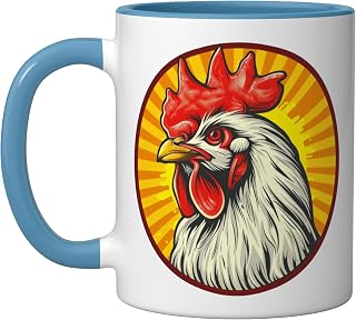 Brahma Chicken Round Image Ceramic Mug, Blue/White