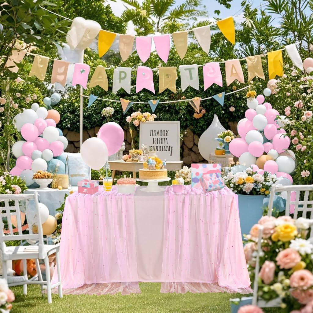 2 Pack 60x120Inch Pink Pearl Tablecloth Wedding Table Decor 10 ft Square Tulle Table Runner Decor for Arch Dessert Wedding Ceremony Party Reception