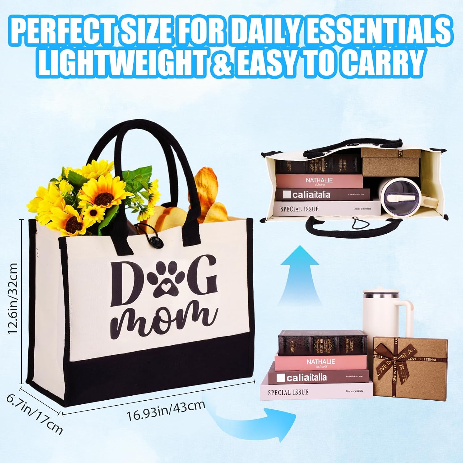 Dog Mom Gifts for Women Tote Bag Gifts for Dog Lovers Women Practical Grocery Bag for Birthday Christmas Gift Reusable Tote Bag for Shopping Travel Picnic(16.9''×12.6''×6.7'') - Image 5