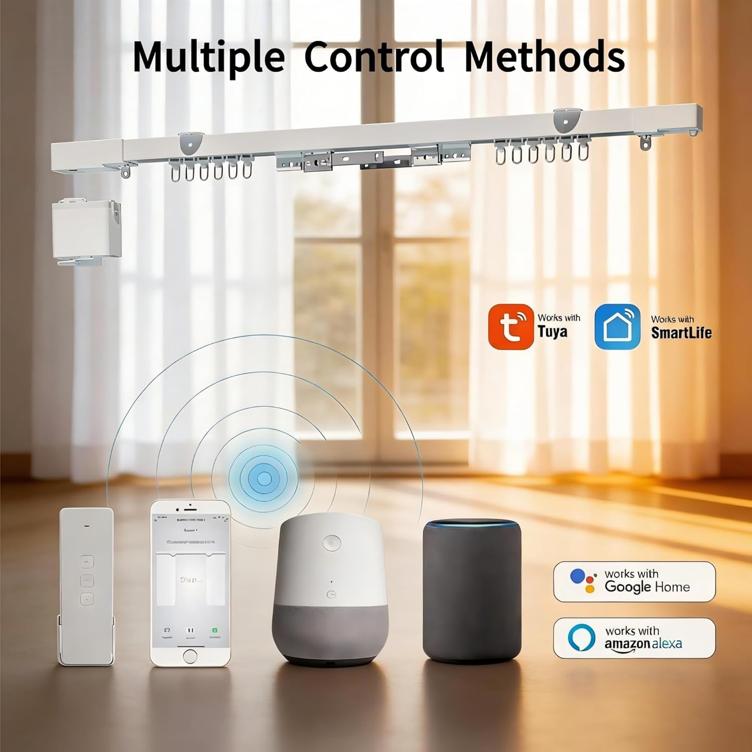 Smart Curtain Track System with Mini Wifi Motor, Automatic Ceiling Curtain Opener, Motorized Curtains Rod 88.6''(2.2m) with App, Voice, Remote Control, Compatible with Alexa,Google and Siri