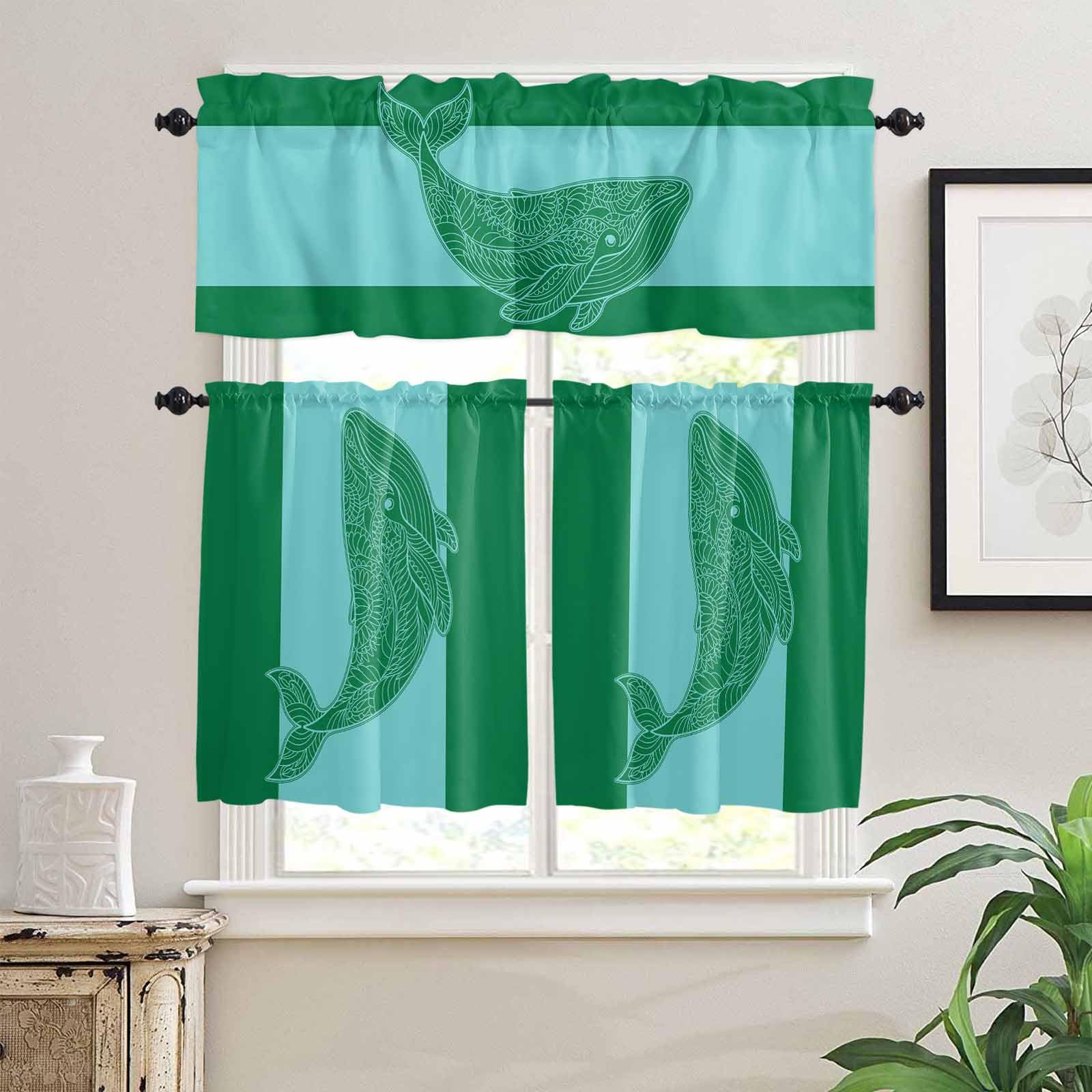 Green Whale Kitchen Curtains 36 Inch Length,3 Piece Rod Pocket Small Half Tiers and Valance Set,Mandalas Boho Modern Abstract Aqua Stripe Small Large Window Treatment Decor for Bedroom/Bathroom Sink