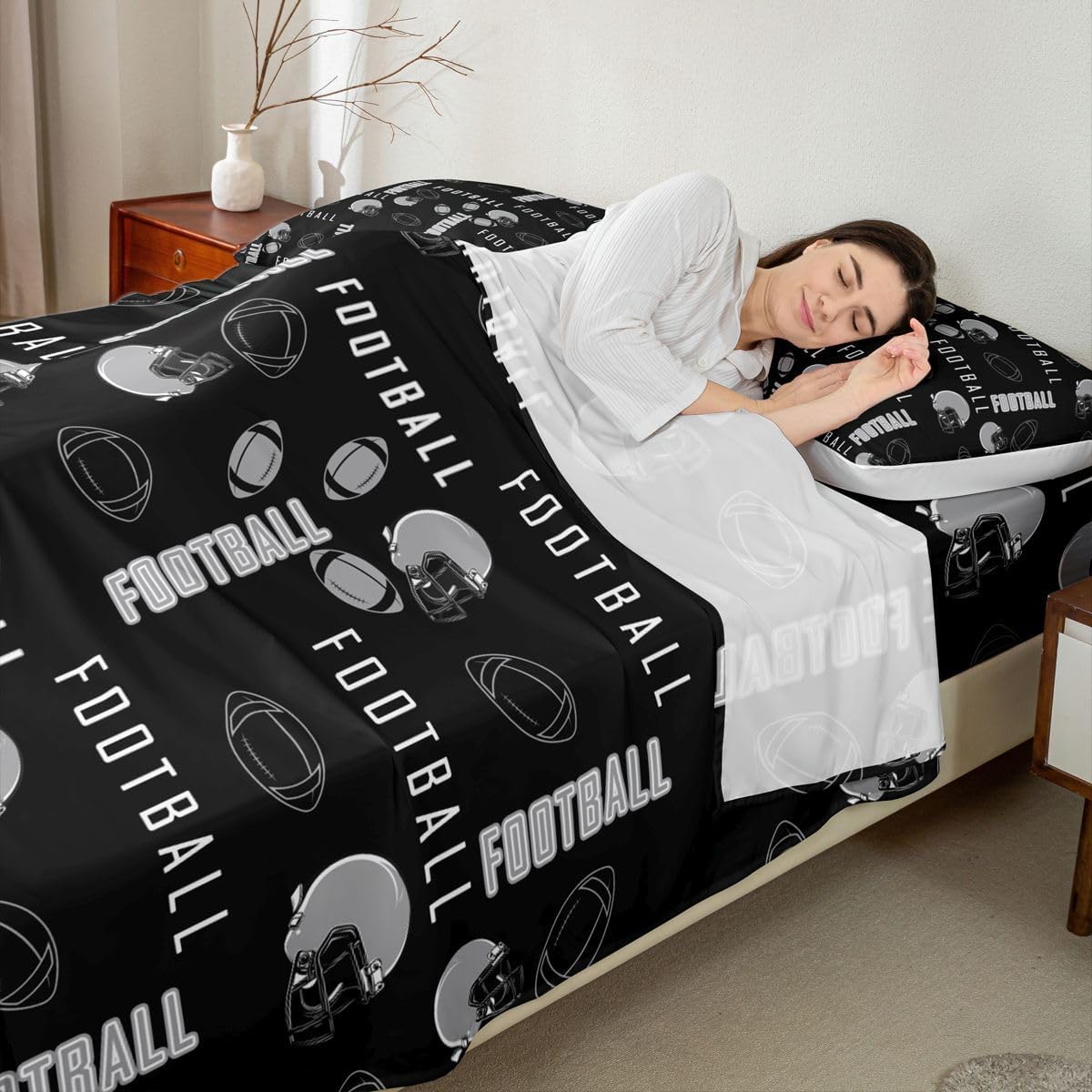 jejeloiu Football Bed Sheets Set Queen Size Rugby Sports Bedding Set for Kids Boys Girls Decor Football City Fitted Sheet with 16 Inch Deep Pockets Black Gray Soft Bedroom Decor