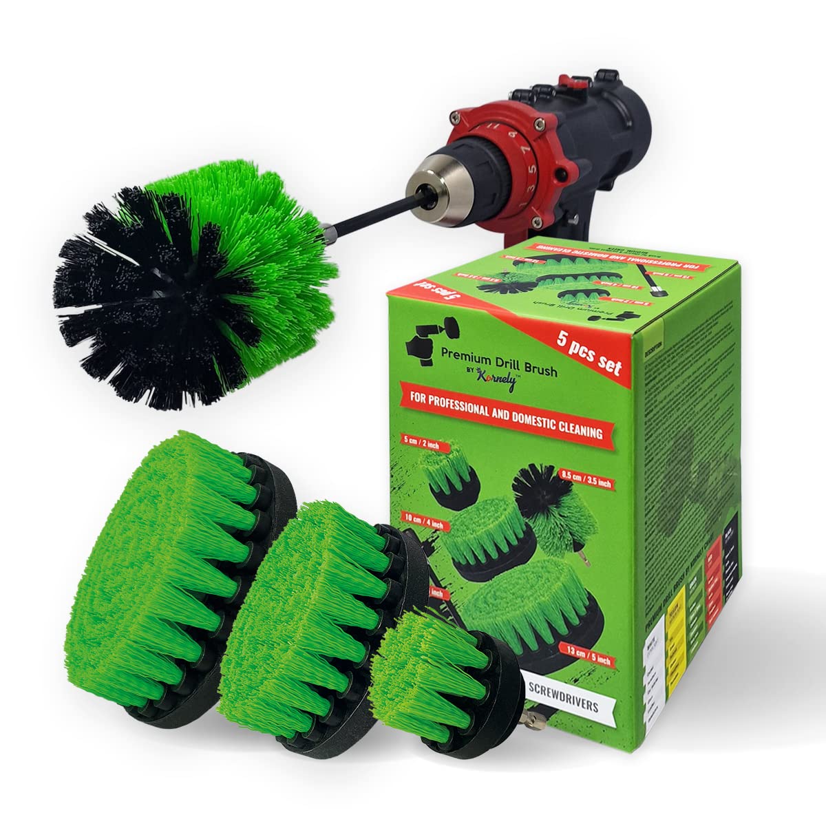 Brosse de Perceuse Premium – Mi-Dure 5 pièces (13/10/8,5/5 cm + rallonge 15 cm) | Brosse Anti-Rayures pour Plans de Travail, Plaques, Fours et Linoléum