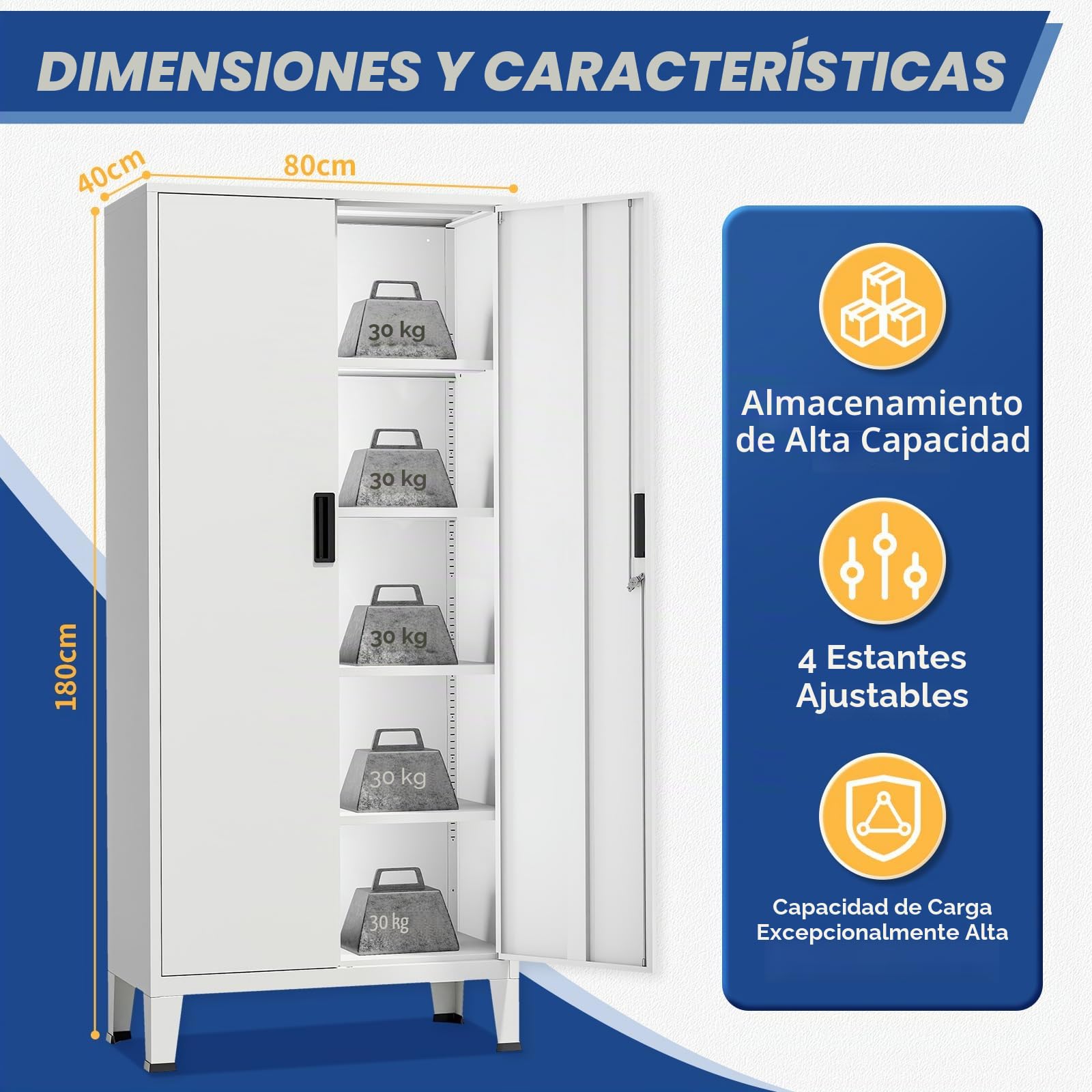 YOUDENOVA Armario archivador de metal de 180 x 80 x 40 con cerradura con 2 puertas, armario multiusos con 5 niveles, armario multiusos con estantes ajustables, color blanco