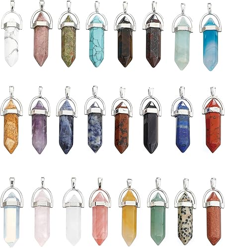 24 piezas de colgante de cristal de chakra curativo hexagonal de piedra natural en forma de bala colgante de cuarzo de piedras preciosas para hacer