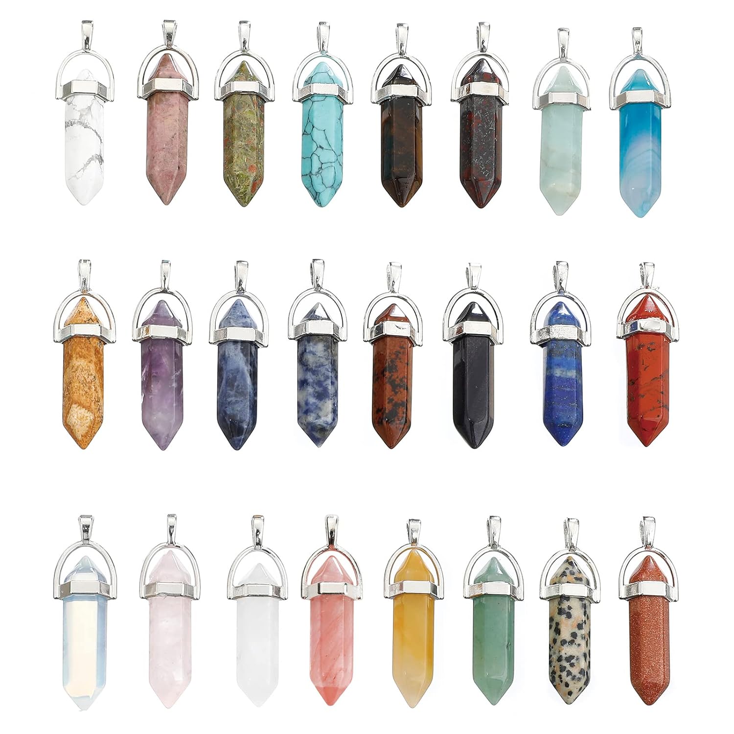 Lezam 24Pcs Healing Crystal Pendant for Women Natural Chakra Quartz Stone Charms Hexagonal Gemstone Bulk for Necklace Jewelry Making
