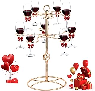 QPIX DIGITAL Wine Glass Rack 2 Tier 10 Holders Wine Glasses Stand, Elegant Rose Gold Cocktail Tree Stand Countertop Tabletop Stemware Rack for Home and Bar Storage,Easy Assembly