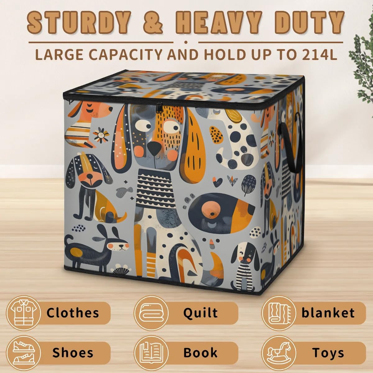 Honeybaby 214L Extra Large Comforter Storage Bag Geometric Cartoon Dog Storage Totes with Lids Waterproof Closet Organizer Folding Blanket Storage Bags for Clothes Bedding Pillows