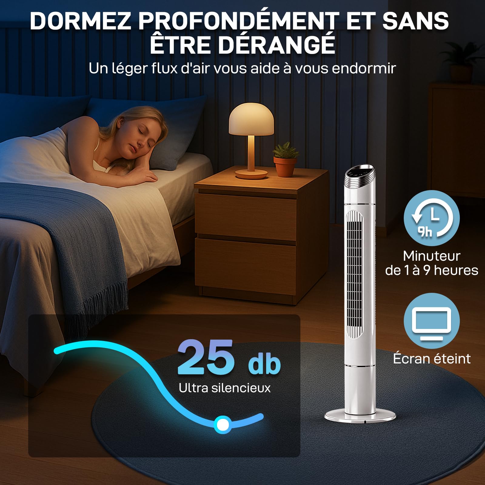 LEADZM Ventilateur Colonne 90W Tour Oscillant 107 cm avec Angle de 80 Degrés,3 Vitesses, commande soft touch,minuterie 12h,silencieux, poignée, base stable (blanc)