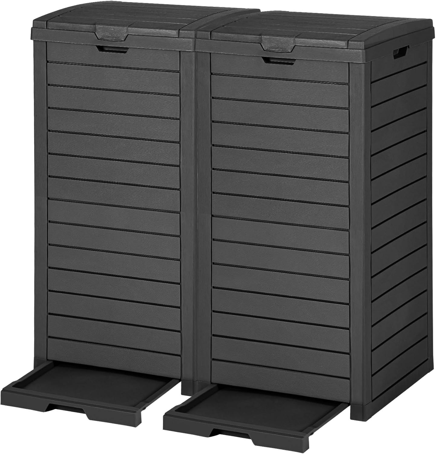 DWVO 38 Gallon Large Outdoor Trash Can, 2-Pack Waterproof Resin Hideaway Garbage Bin with Lid and Drip Tray, Outside Trash Bin for Porch, Backyard, Deck, Patio, Poolside, Easy to Clean, Black