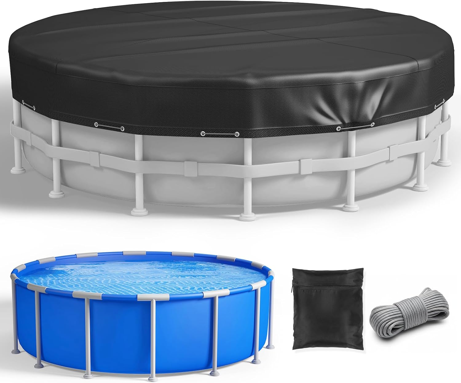 16Ft Winter Pool Cover, Upgraded 420D Heavy Duty Oxford Fabric Pool Covers for Above Ground Pool with Winch and Cable, Round Pool Cover for UV Resistant, Waterproof and Dustproof