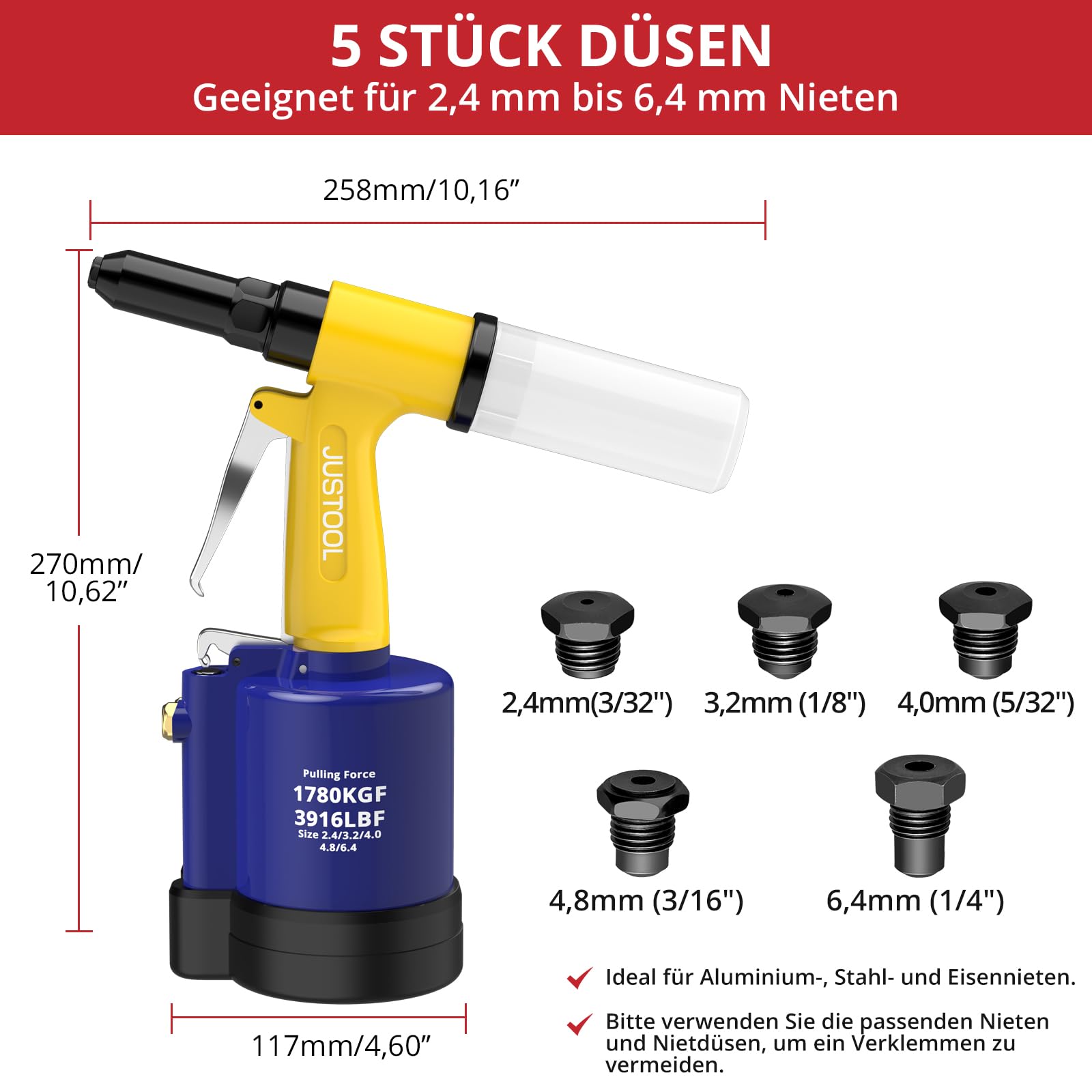 JUSTOOL Pneumatische Lufthydraulische Nietzange Pneumatische Nietzange 1408KGF, 5 Spezifikationen (2,4mm, 3,2mm, 4,0mm, 4,8mm, 6,4mm) Europäische Schnittstelle Ersatzkrallen, Für Auto, Garage und DIY