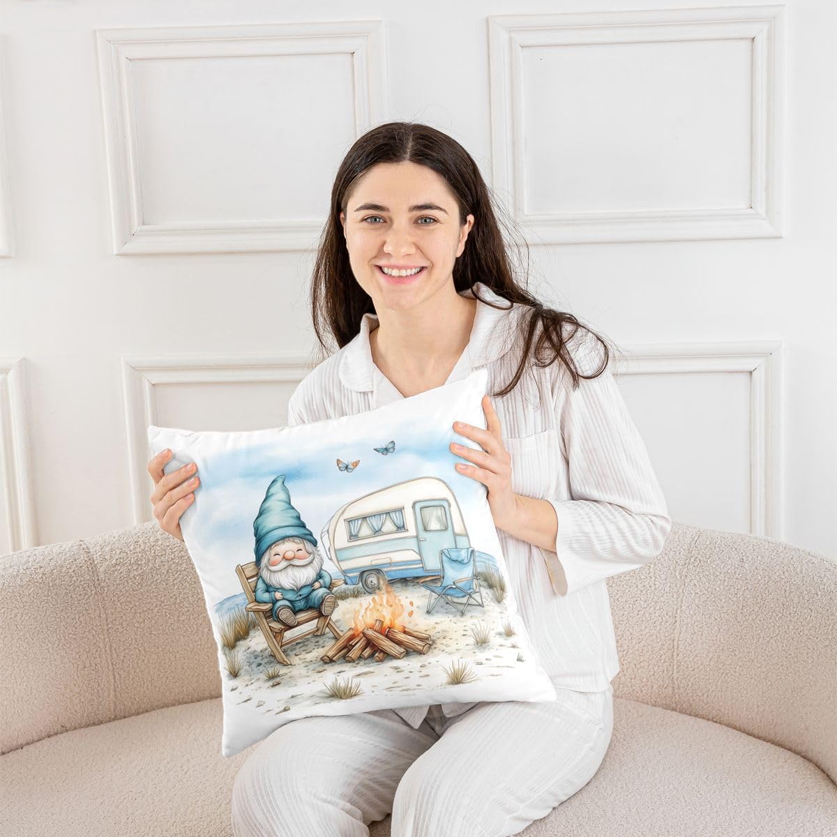 Gnome Camping Throw Pillow Covers 18x18 Set of 2 Blue Coastal Beach RV Camper for Young Cushion Cover Vintage Travel Trailers Throw Pillow Case For Bed Couch Sofa Whimsical Camping Themed Home Decor image 4